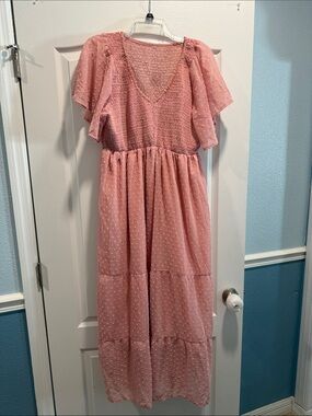 Zara Dusty Pink Swiss Dot Flutter Sleeve Maxi